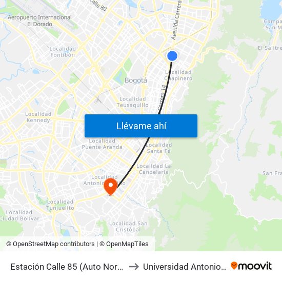 Estación Calle 85 (Auto Norte - Cl 85) to Universidad Antonio Nariño map