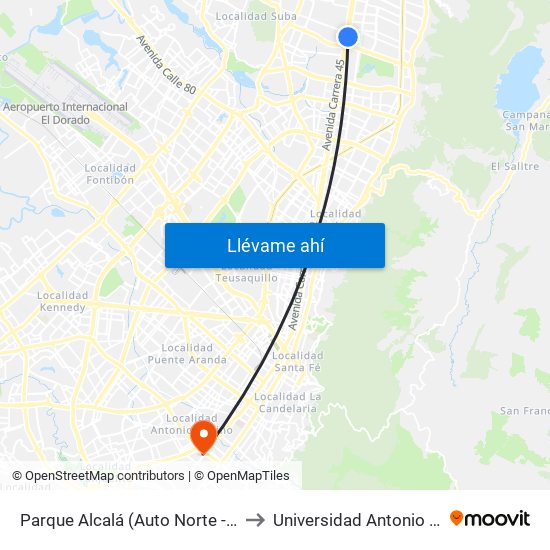 Parque Alcalá (Auto Norte - Cl 136) to Universidad Antonio Nariño map