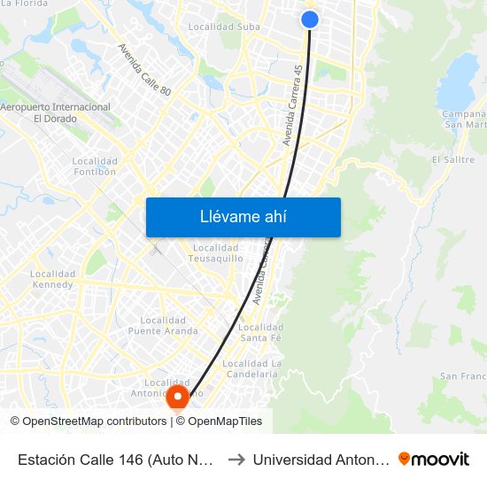 Estación Calle 146 (Auto Norte - Cl 148) to Universidad Antonio Nariño map