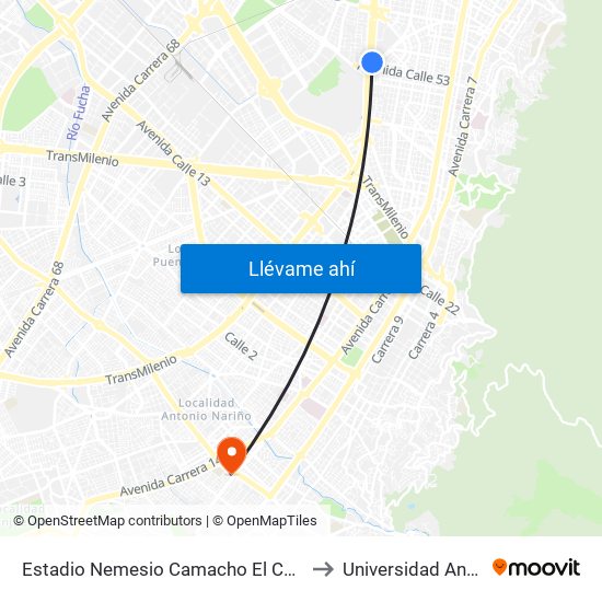 Estadio Nemesio Camacho El Campín (Av. NQS - Cl 53) to Universidad Antonio Nariño map