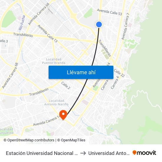 Estación Universidad Nacional (Av. NQS - Cl 45) to Universidad Antonio Nariño map