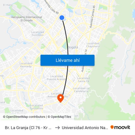 Br. La Granja (Cl 76 - Kr 78a) to Universidad Antonio Nariño map