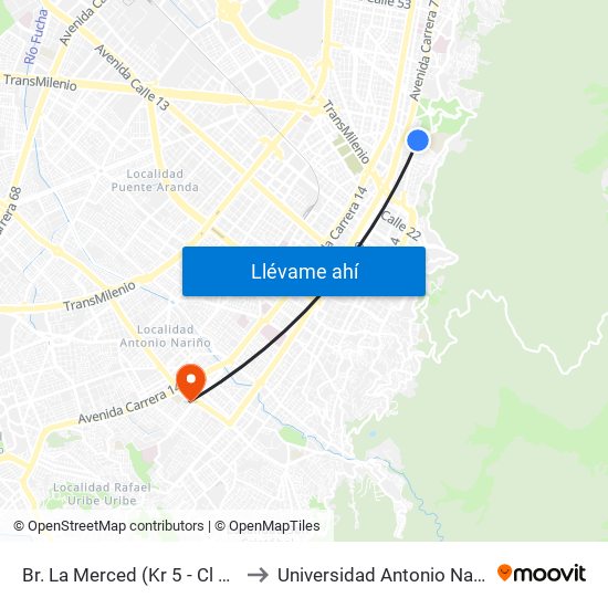 Br. La Merced (Kr 5 - Cl 33a) to Universidad Antonio Nariño map