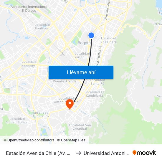 Estación Avenida Chile (Av. NQS - Cl 70) to Universidad Antonio Nariño map