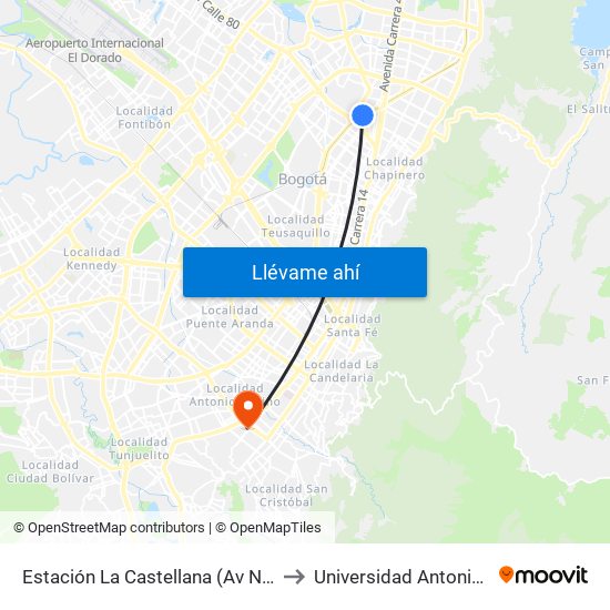 Estación La Castellana (Av NQS - Cl 86) to Universidad Antonio Nariño map