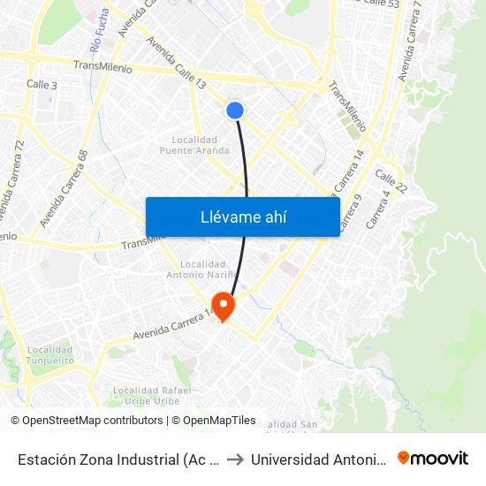 Estación Zona Industrial (Ac 13 - Kr 38) to Universidad Antonio Nariño map