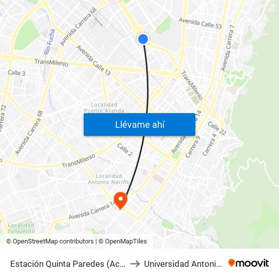 Estación Quinta Paredes (Ac 26 - Kr 45) to Universidad Antonio Nariño map