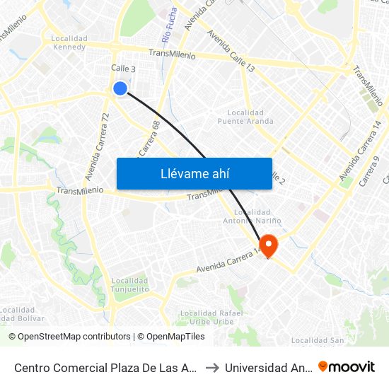 Centro Comercial Plaza De Las Américas (Cl 3 Sur - Kr 71) to Universidad Antonio Nariño map