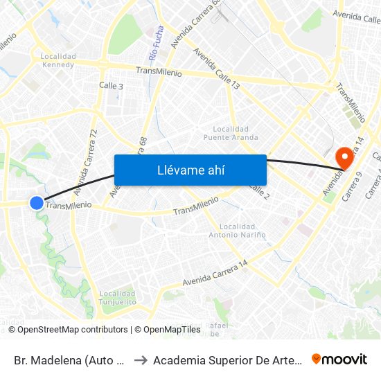 Br. Madelena (Auto Sur - Kr 64 Bis) to Academia Superior De Artes De Bogota - Asab map
