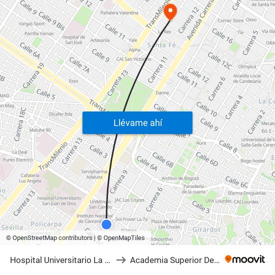 Hospital Universitario La Samaritana (Kr 8 - Cl 0 Sur) to Academia Superior De Artes De Bogota - Asab map