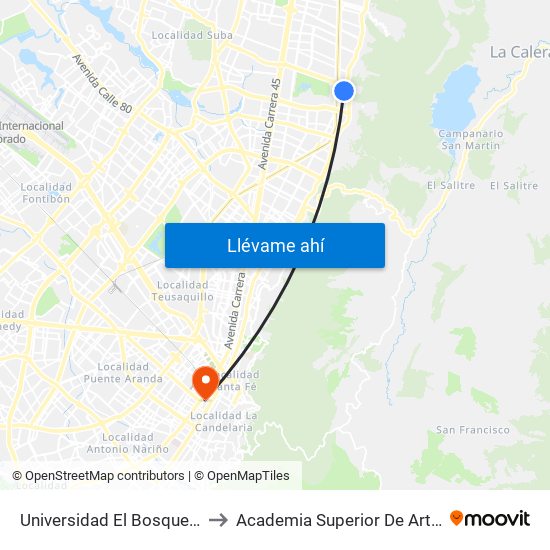 Universidad El Bosque (Kr 7 Bis - Cl 131) to Academia Superior De Artes De Bogota - Asab map