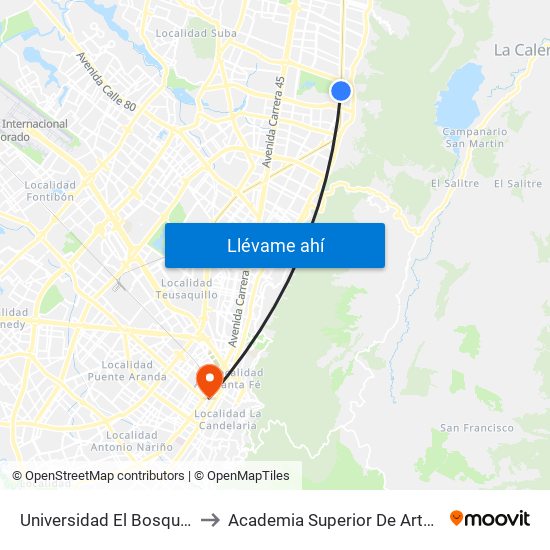 Universidad El Bosque (Ak 9 - Cl 129) to Academia Superior De Artes De Bogota - Asab map