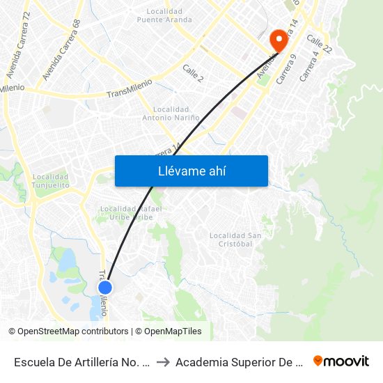 Escuela De Artillería No. 13 (Av. Caracas - Tv 5d) to Academia Superior De Artes De Bogota - Asab map