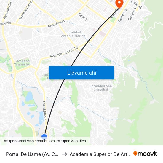 Portal De Usme (Av. Caracas - Cl 64 Sur) to Academia Superior De Artes De Bogota - Asab map