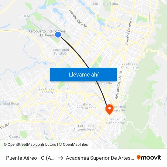 Puente Aéreo - O (Ac 26 - Kr 106) to Academia Superior De Artes De Bogota - Asab map