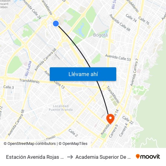Estación Avenida Rojas (Ac 26 - Kr 69d Bis) (B) to Academia Superior De Artes De Bogota - Asab map