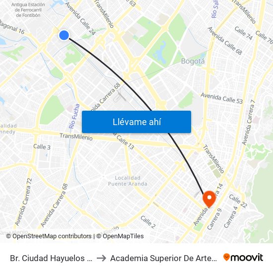Br. Ciudad Hayuelos (Ac 22 - Kr 81) to Academia Superior De Artes De Bogota - Asab map