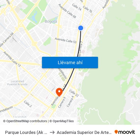 Parque Lourdes (Ak 13 - Cl 63a) (B) to Academia Superior De Artes De Bogota - Asab map