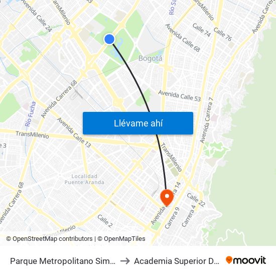 Parque Metropolitano Simón Bolívar (Ak 68 - Cl 49a) (B) to Academia Superior De Artes De Bogota - Asab map