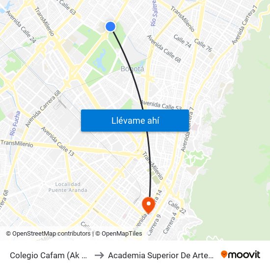 Colegio Cafam (Ak 68 - Cl 64c) (D) to Academia Superior De Artes De Bogota - Asab map