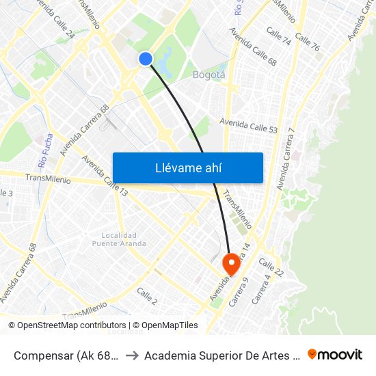 Compensar (Ak 68 - Cl 49a) (B) to Academia Superior De Artes De Bogota - Asab map