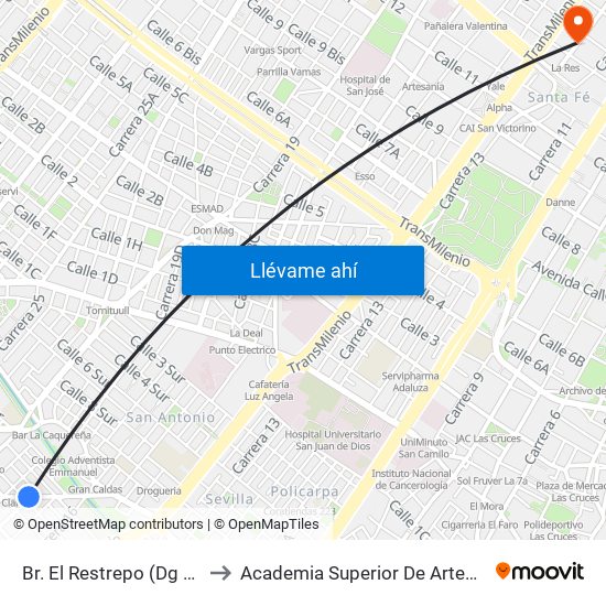 Br. El Restrepo (Dg 12 Sur - Kr 18) to Academia Superior De Artes De Bogota - Asab map