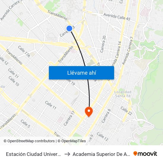 Estación Ciudad Universitaria (Kr 33 - Ac 26) to Academia Superior De Artes De Bogota - Asab map