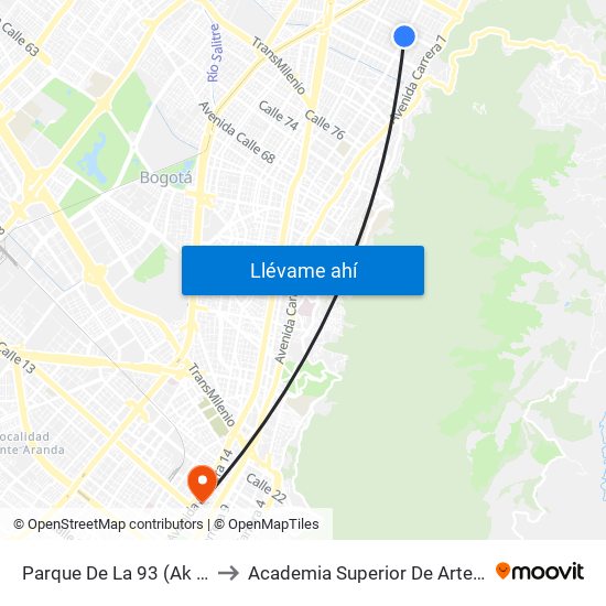 Parque De La 93 (Ak 11 - Cl 93a) (B) to Academia Superior De Artes De Bogota - Asab map