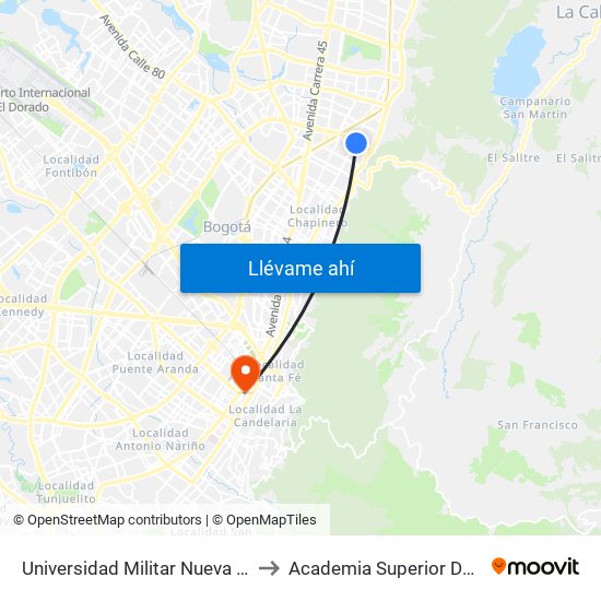 Universidad Militar Nueva Granada (Ac 100 - Kr 10) (B) to Academia Superior De Artes De Bogota - Asab map