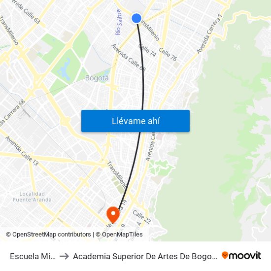 Escuela Militar to Academia Superior De Artes De Bogota - Asab map