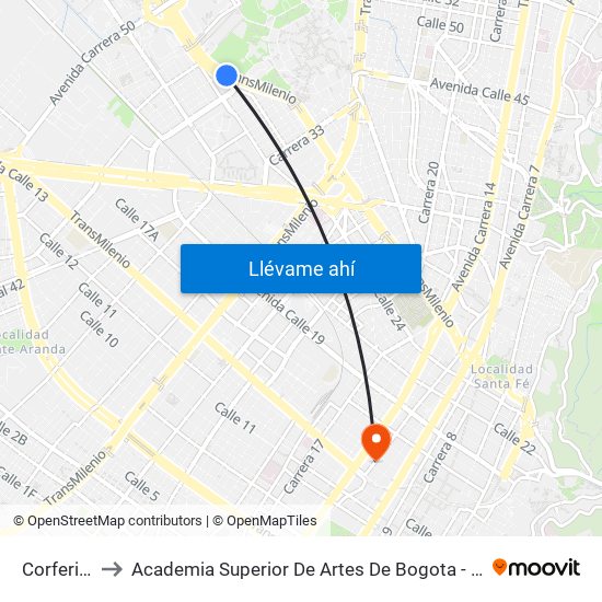 Corferias to Academia Superior De Artes De Bogota - Asab map