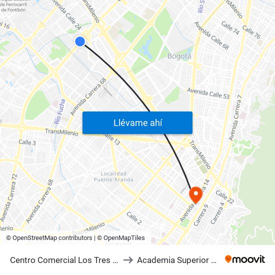 Centro Comercial Los Tres Elefantes (Av. Boyacá - Cl 23) (C) to Academia Superior De Artes De Bogota - Asab map