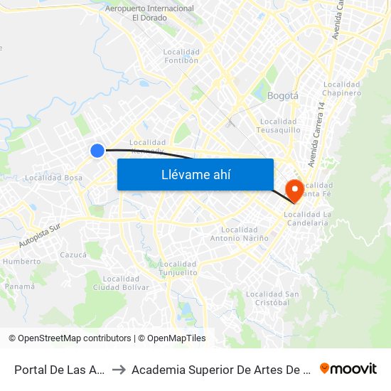 Portal De Las Américas to Academia Superior De Artes De Bogota - Asab map