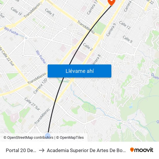 Portal 20 De Julio to Academia Superior De Artes De Bogota - Asab map