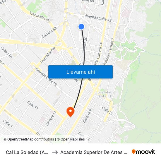 Cai La Soledad (Ak 24 - Cl 40) to Academia Superior De Artes De Bogota - Asab map