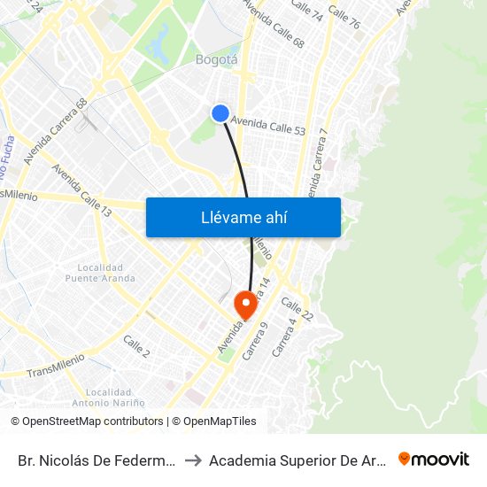 Br. Nicolás De Federmán (Ac 53 - Kr 37a) to Academia Superior De Artes De Bogota - Asab map