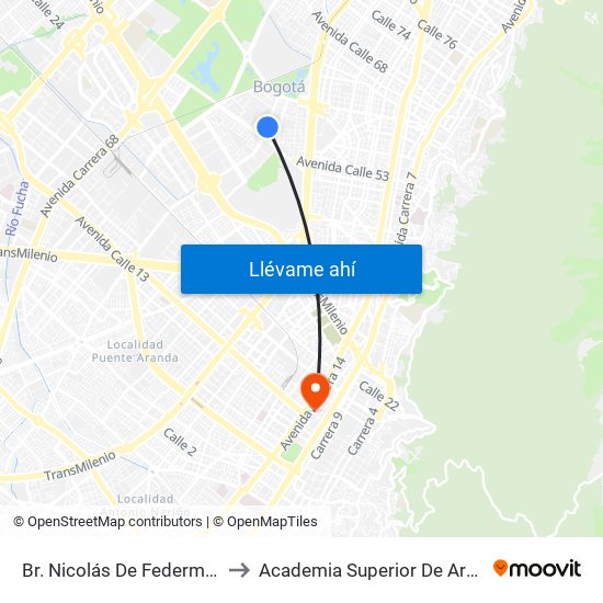 Br. Nicolás De Federmán (Ak 50 - Cl 57b) to Academia Superior De Artes De Bogota - Asab map