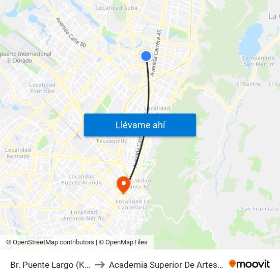 Br. Puente Largo (Kr 53 - Cl 107) to Academia Superior De Artes De Bogota - Asab map