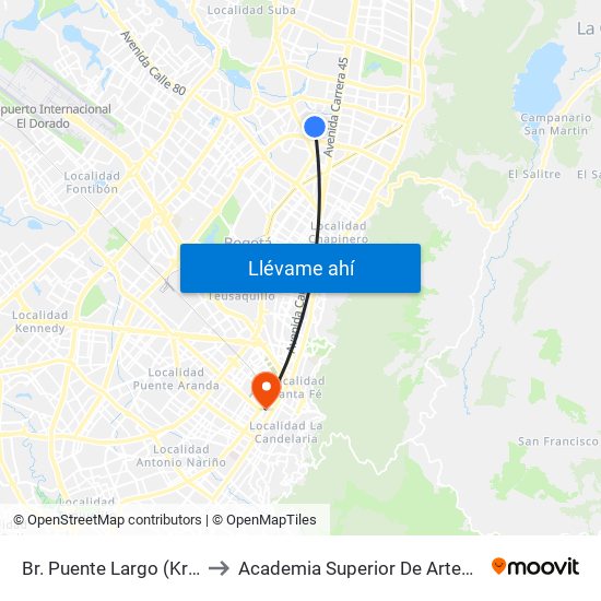 Br. Puente Largo (Kr 53 - Cl 103b) to Academia Superior De Artes De Bogota - Asab map