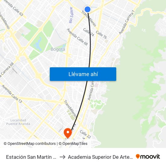 Estación San Martín (Ak 50 - Cl 86b) to Academia Superior De Artes De Bogota - Asab map