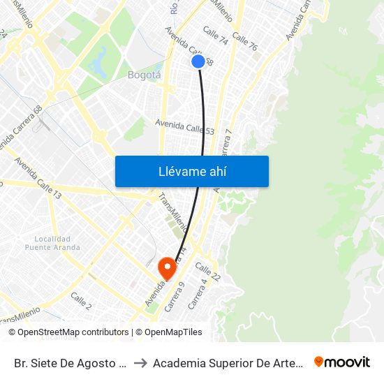 Br. Siete De Agosto (Ak 24 - Cl 66) to Academia Superior De Artes De Bogota - Asab map