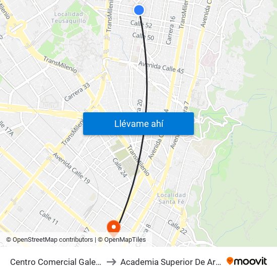 Centro Comercial Galerías (Ak 24 - Ac 53) to Academia Superior De Artes De Bogota - Asab map