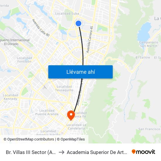 Br. Villas III Sector (Av. Villas - Cl 129) to Academia Superior De Artes De Bogota - Asab map