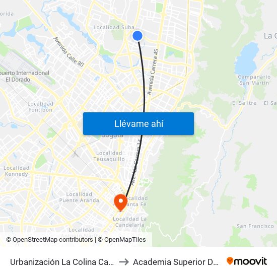 Urbanización La Colina Campestre (Av. Villas - Ac 134) to Academia Superior De Artes De Bogota - Asab map