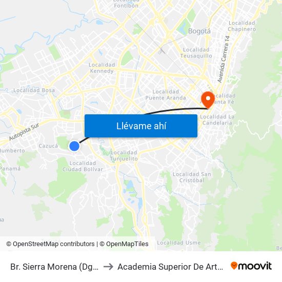 Br. Sierra Morena (Dg 70 Sur - Kr 73d) to Academia Superior De Artes De Bogota - Asab map