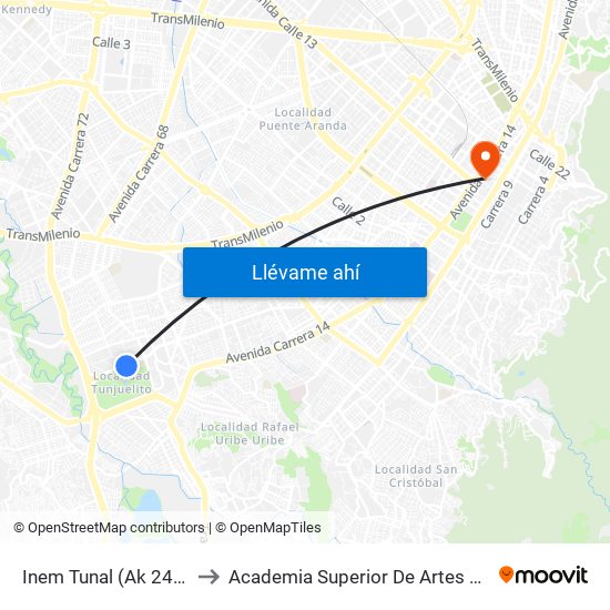 Inem Tunal (Ak 24 - Cl 52 Sur) to Academia Superior De Artes De Bogota - Asab map