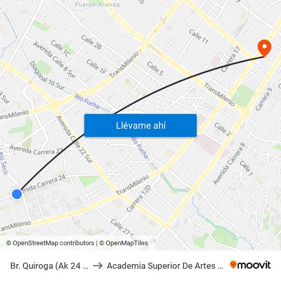 Br. Quiroga (Ak 24 - Ac 36 Sur) to Academia Superior De Artes De Bogota - Asab map