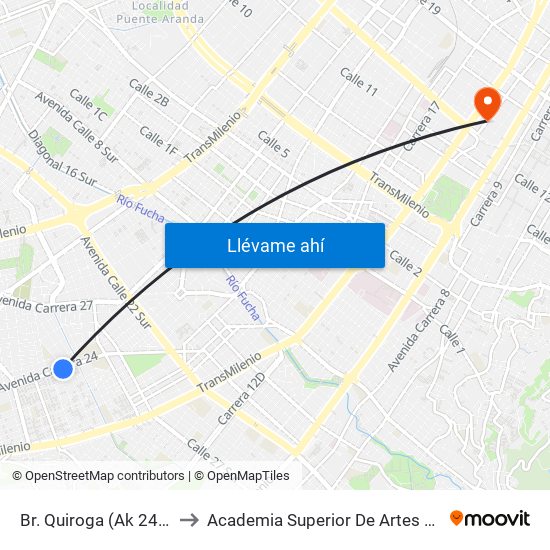 Br. Quiroga (Ak 24 - Cl 31 Sur) to Academia Superior De Artes De Bogota - Asab map