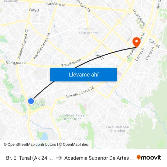 Br. El Tunal (Ak 24 - Av. Boyacá) to Academia Superior De Artes De Bogota - Asab map