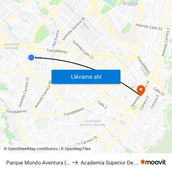 Parque Mundo Aventura (Av. Boyacá - Cl 2a Bis) (A) to Academia Superior De Artes De Bogota - Asab map